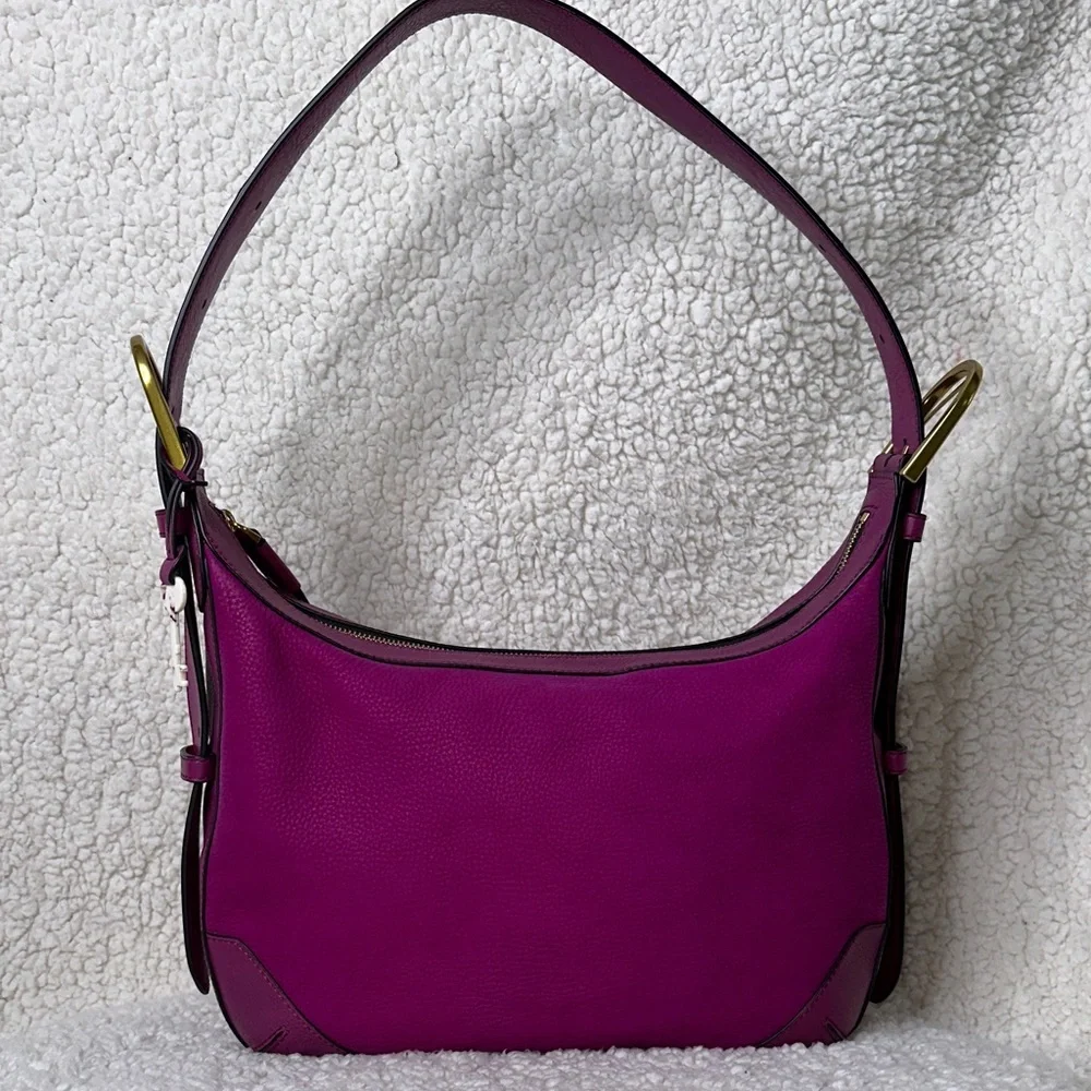 Fossil Hannah Hobo Leather & Suede Purple Magenta Shoulder Bag NWOT w/Key Charm